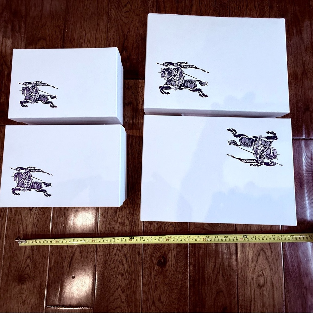 White Burberry Boxes with Black Horse Logo. With Blue ribbon and Burberry paper